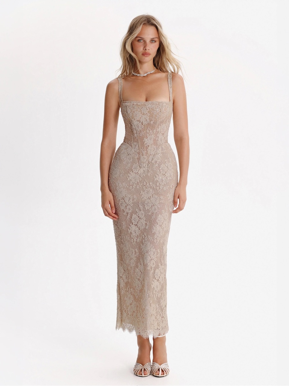 Square-Neck Lace Midi Dress in Taupe